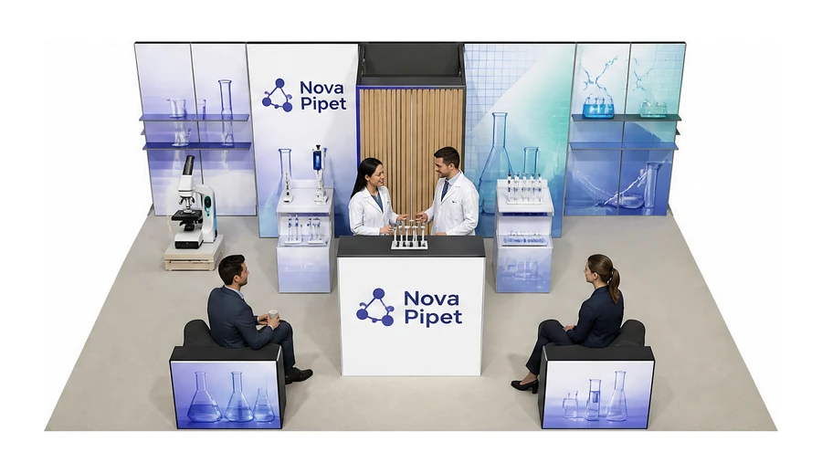 Stoisko 10 × 6 m półwyspowe dla branży sprzęt laboratoryjny, przykładowa marka Nova Pipet