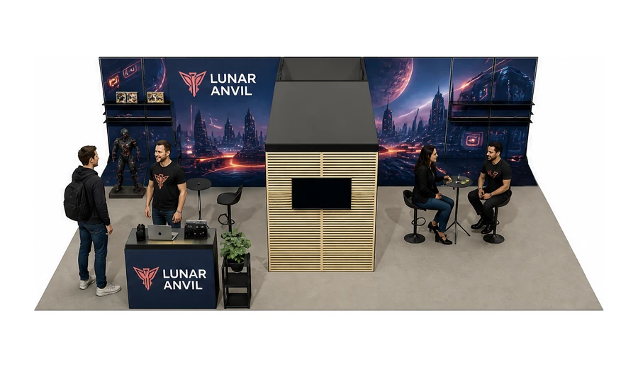Stoisko 10 × 6 m półwyspowe dla branży gry wideo, przykładowa marka Lunar Anvil