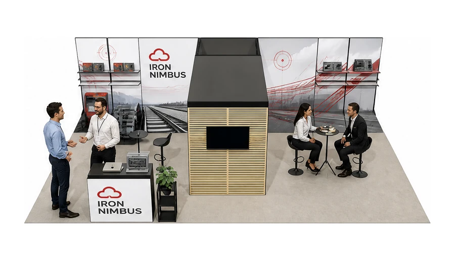 Stoisko 10 × 6 m półwyspowe dla branży kolej i tabor, przykładowa marka Iron Nimbus