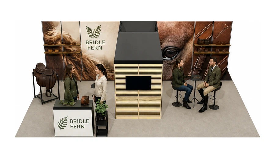 Stoisko 10 × 6 m półwyspowe dla branży jeździectwo, przykładowa marka Bridle Fern