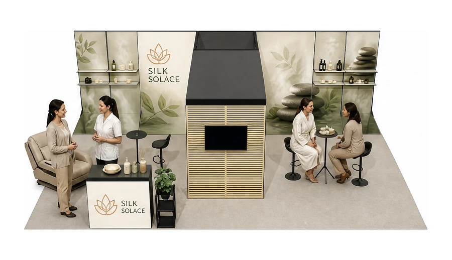 Stoisko 10 × 6 m półwyspowe dla branży spa i wellness, przykładowa marka Silk Solace