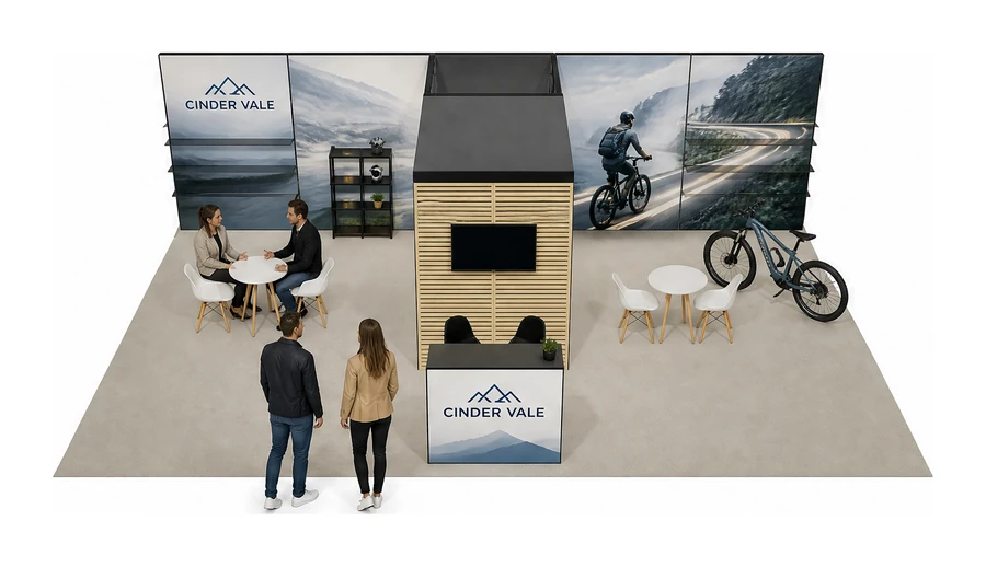 Stoisko 10 × 6 m półwyspowe dla branży rowery elektryczne, przykładowa marka Cinder Vale