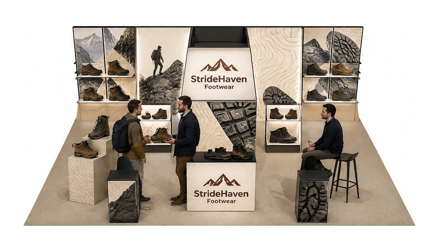 Stoisko 10 × 6 m półwyspowe dla branży obuwie, przykładowa marka StrideHaven Footwear