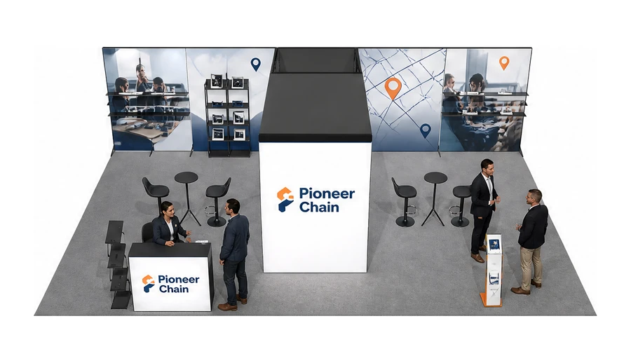 Stoisko 10 × 6 m półwyspowe dla branży franczyza i sieci, przykładowa marka Pioneer Chain