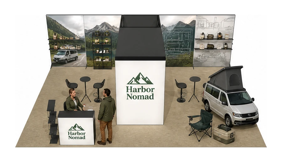 Stoisko 10 × 6 m półwyspowe dla branży caravaning i kampery, przykładowa marka Harbor Nomad