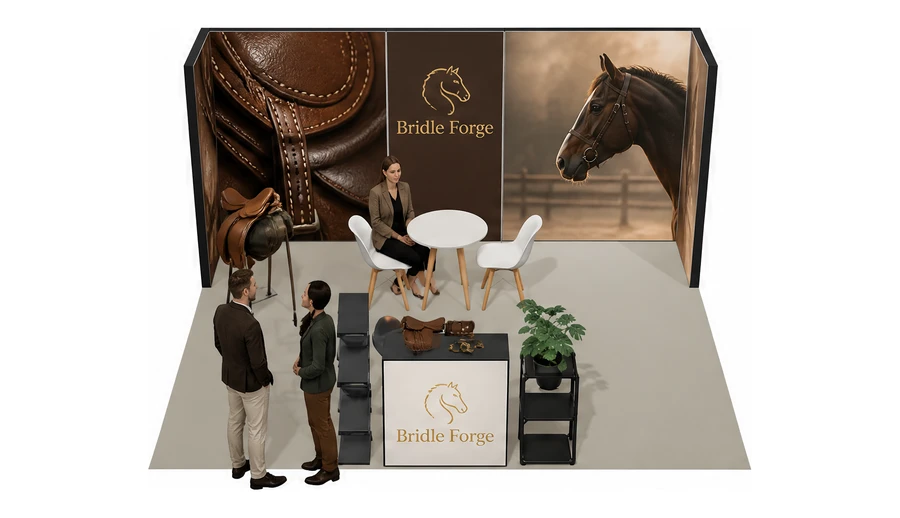 Stoisko 5 × 4 m półwyspowe dla branży jeździectwo, przykładowa marka Bridle Forge