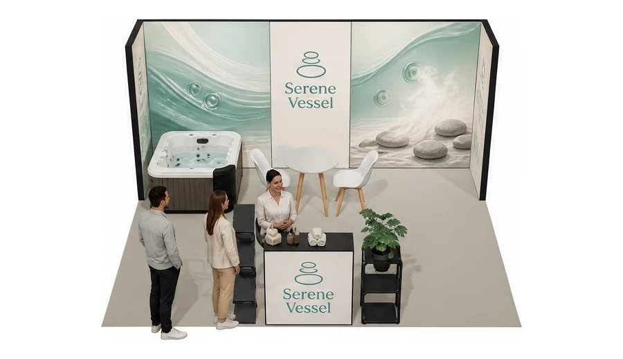 Stoisko 5 × 4 m półwyspowe dla branży spa i wellness, przykładowa marka Serene Vessel