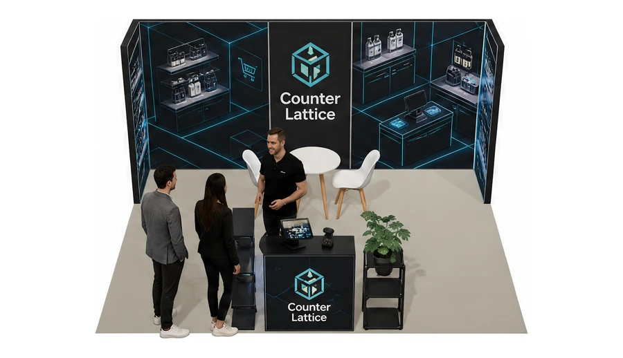 Stoisko 5 × 4 m półwyspowe dla branży technologie dla handlu, przykładowa marka Counter Lattice