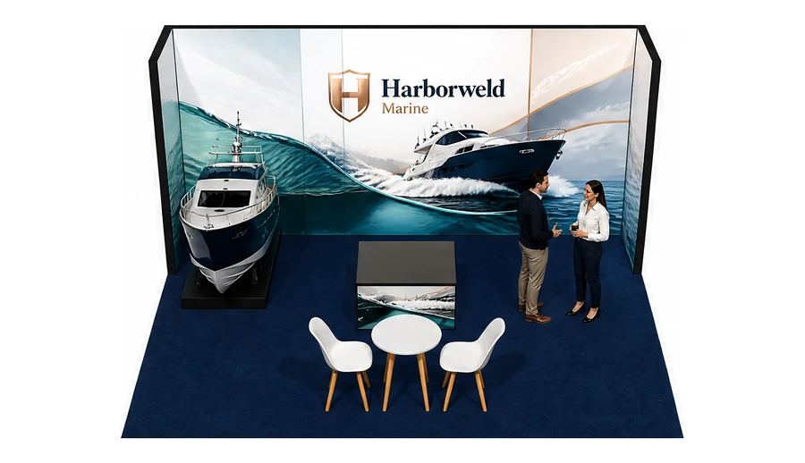 Stoisko 5 × 4 m półwyspowe dla branży jachty i łodzie, przykładowa marka Harborweld Marine