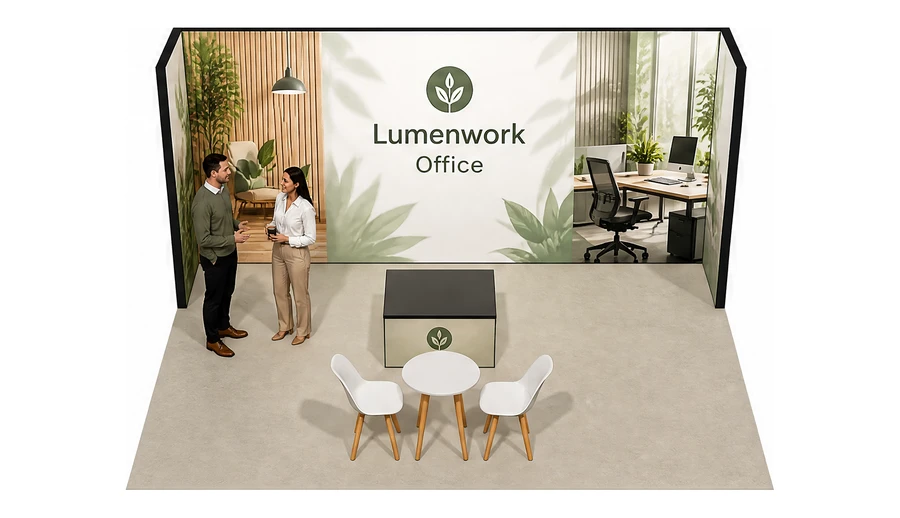 Stoisko 5 × 4 m półwyspowe dla branży meble biurowe, przykładowa marka Lumenwork Office