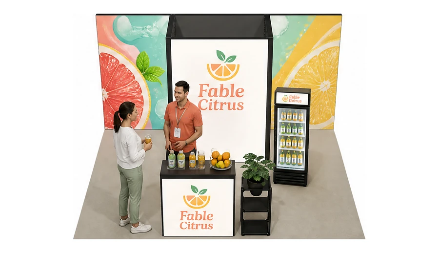 Stoisko 5 × 4 m półwyspowe dla branży napoje, przykładowa marka Fable Citrus