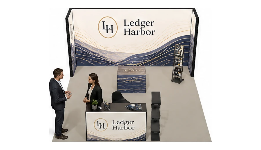 Stoisko 5 × 5 m półwyspowe dla branży usługi finansowe i księgowe, przykładowa marka Ledger Harbor