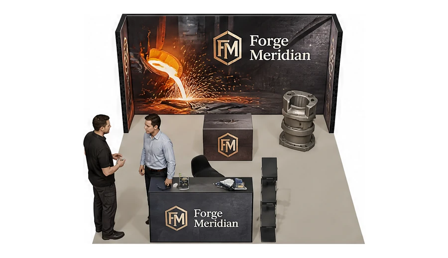 Stoisko 5 × 5 m półwyspowe dla branży obróbka metali i odlewnictwo, przykładowa marka Forge Meridian