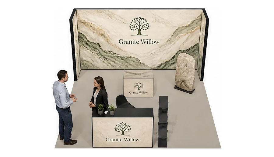 Stoisko 5 × 5 m półwyspowe dla branży kamień i kamieniarstwo, przykładowa marka Granite Willow