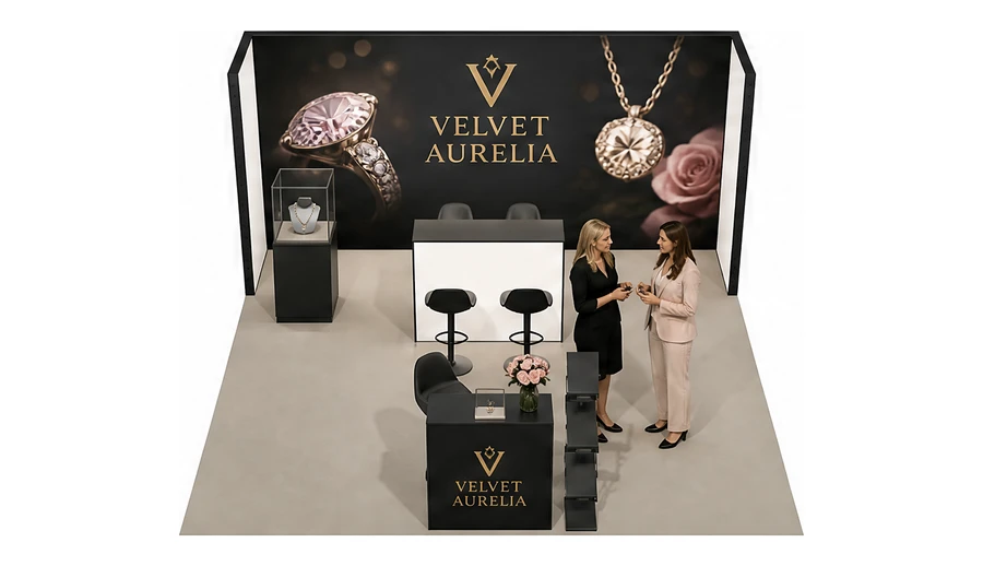 Stoisko 5 × 5 m półwyspowe dla branży biżuteria, przykładowa marka Velvet Aurelia