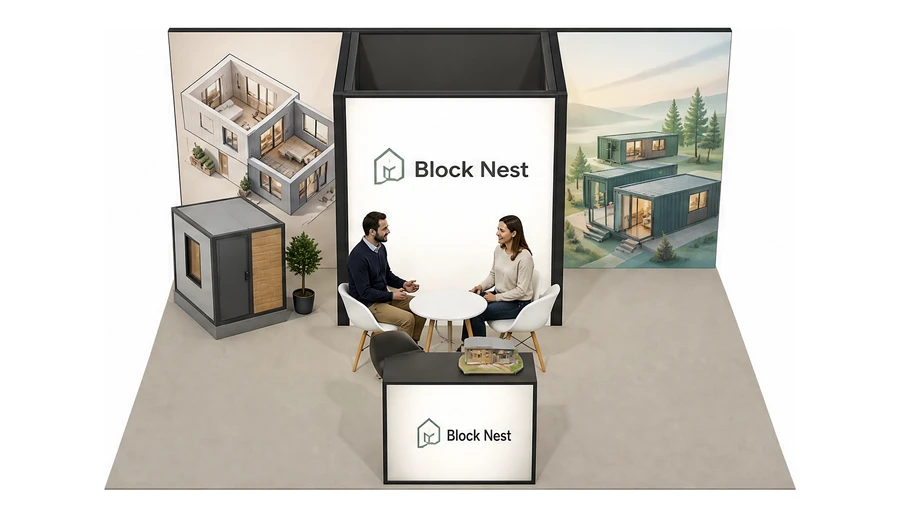 Stoisko 5 × 5 m półwyspowe dla branży domy modułowe i prefabrykacja, przykładowa marka Block Nest