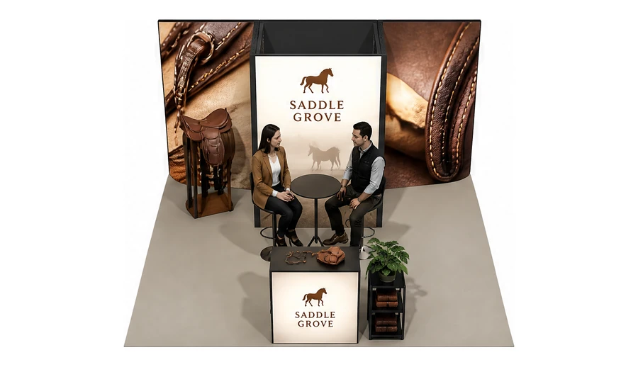 Stoisko 5 × 5 m półwyspowe dla branży jeździectwo, przykładowa marka Saddle Grove