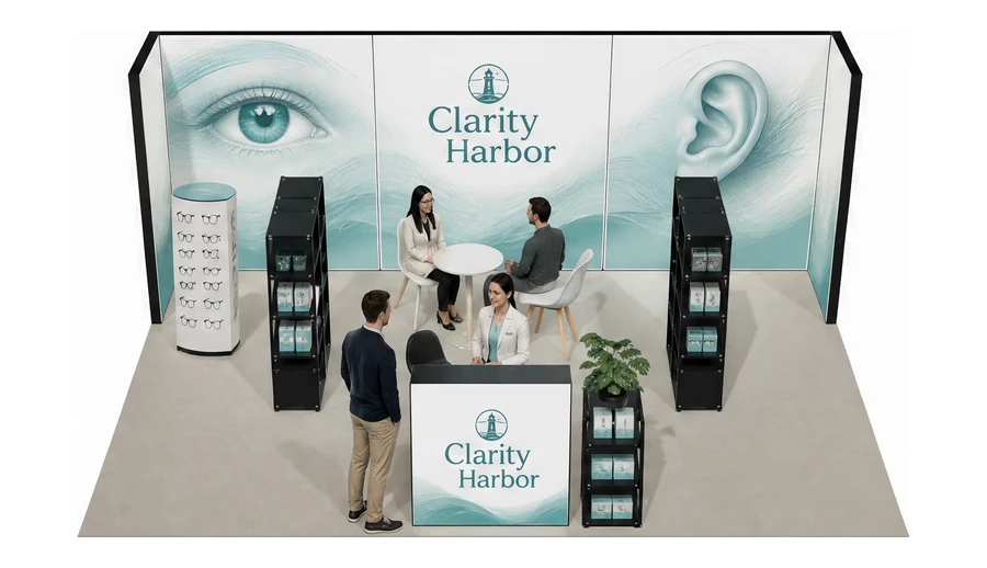 Stoisko 6 × 4 m półwyspowe dla branży optyka i audiologia, przykładowa marka Clarity Harbor
