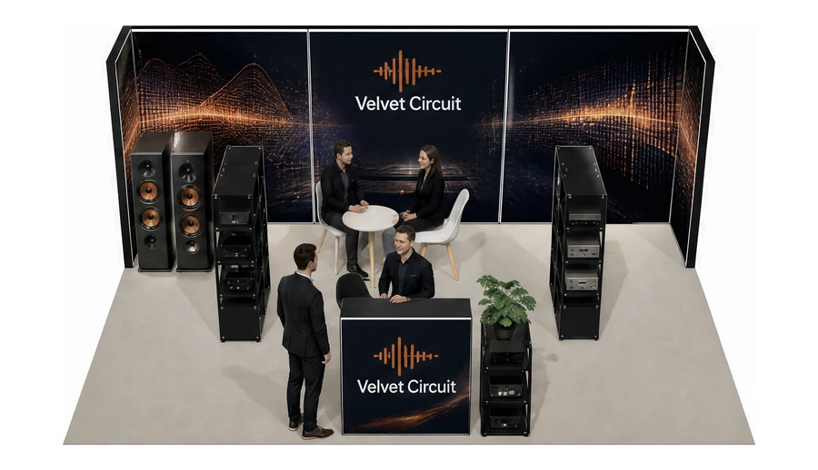 Stoisko 6 × 4 m półwyspowe dla branży sprzęt audio-video, przykładowa marka Velvet Circuit