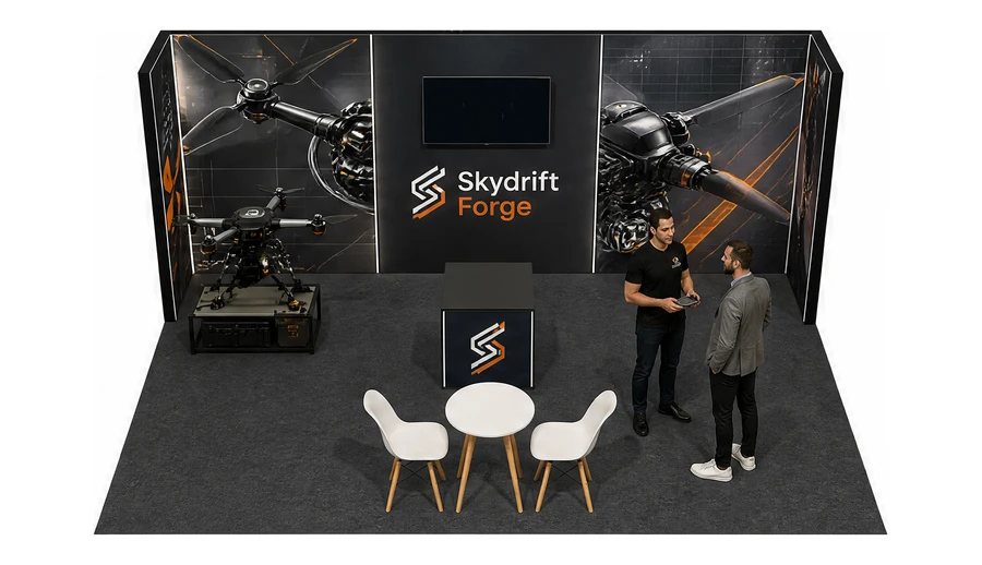 Stoisko 6 × 4 m półwyspowe dla branży drony i robotyka, przykładowa marka Skydrift Forge