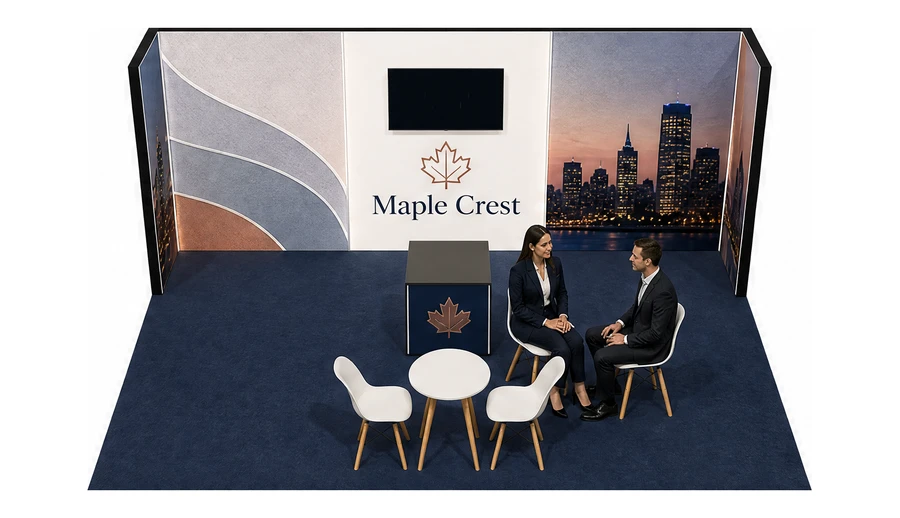 Stoisko 6 × 4 m półwyspowe dla branży ubezpieczenia, przykładowa marka Maple Crest