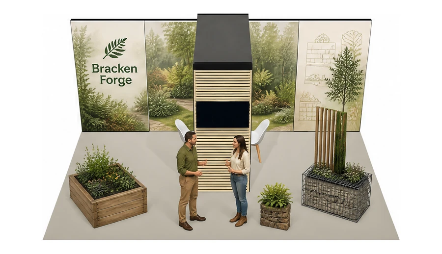 Stoisko 6 × 4 m półwyspowe dla branży ogród i architektura krajobrazu, przykładowa marka Bracken Forge