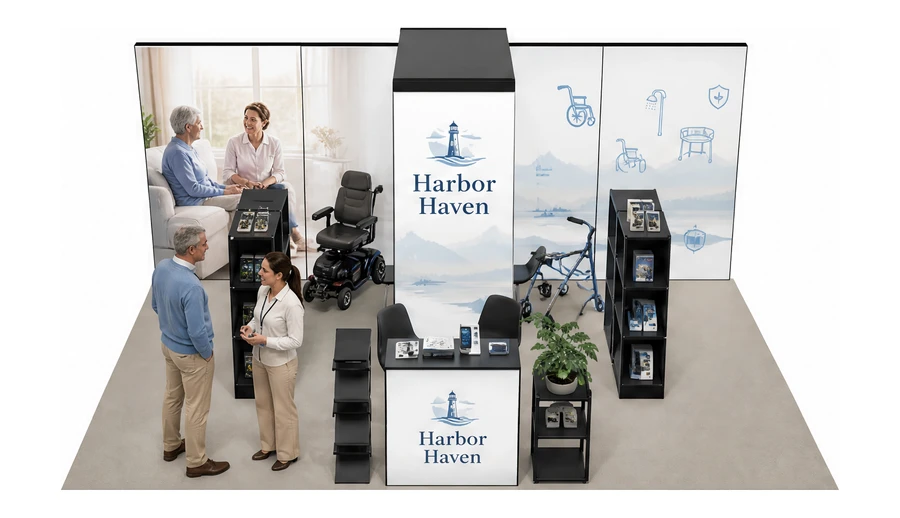 Stoisko 6 × 4 m półwyspowe dla branży opieka senioralna, przykładowa marka Harbor Haven