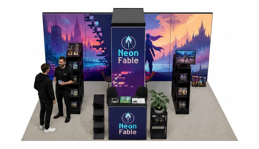 Stoisko 6 × 4 m półwyspowe dla branży gry wideo, przykładowa marka Neon Fable