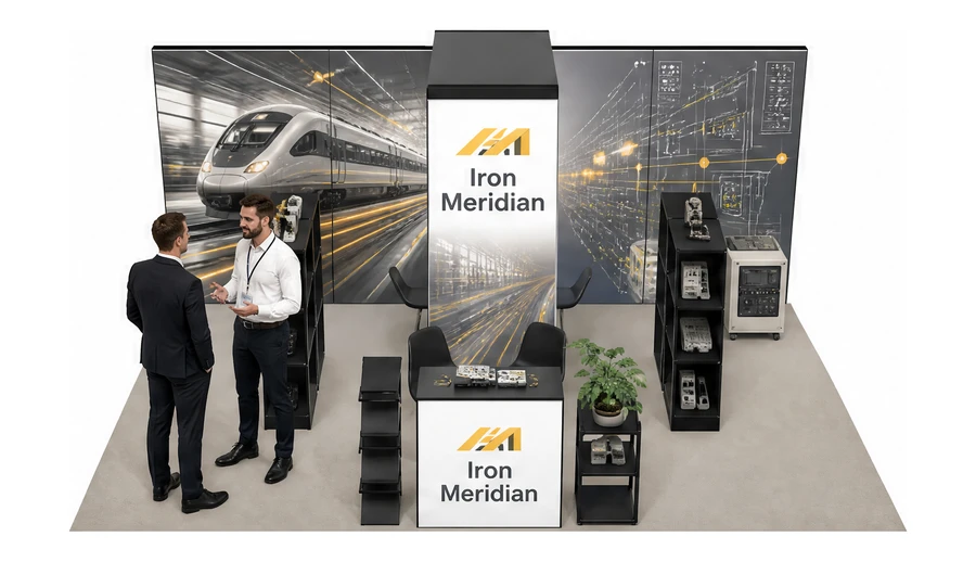 Stoisko 6 × 4 m półwyspowe dla branży kolej i tabor, przykładowa marka Iron Meridian