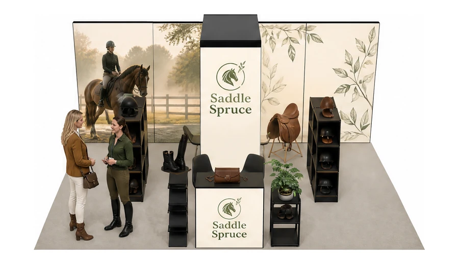 Stoisko 6 × 4 m półwyspowe dla branży jeździectwo, przykładowa marka Saddle Spruce