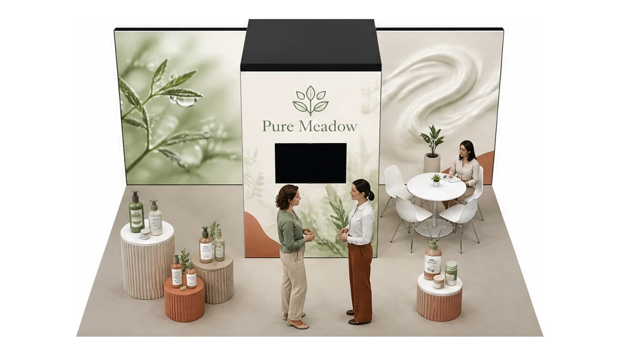 Stoisko 6 × 4 m półwyspowe dla branży kosmetyki naturalne, przykładowa marka Pure Meadow