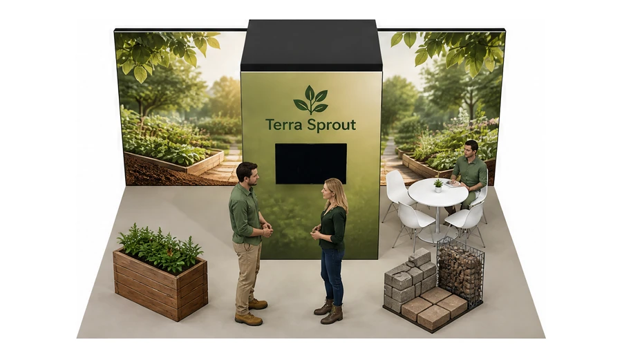Stoisko 6 × 4 m półwyspowe dla branży ogród i architektura krajobrazu, przykładowa marka Terra Sprout