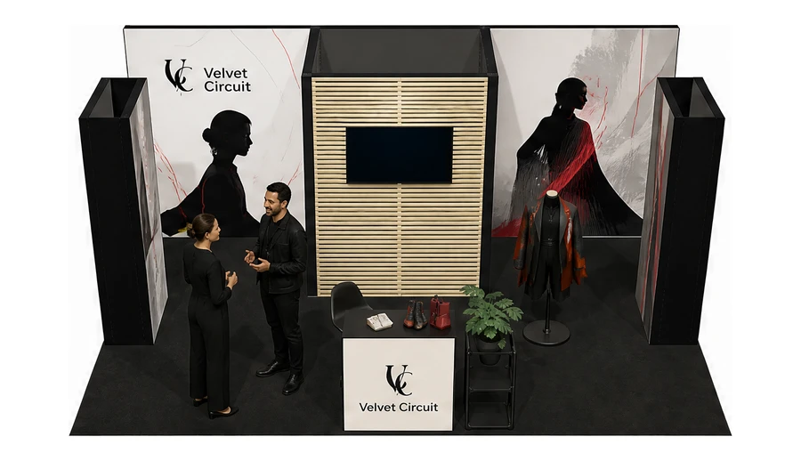 Stoisko 6 × 4 m półwyspowe dla branży odzież i moda, przykładowa marka Velvet Circuit