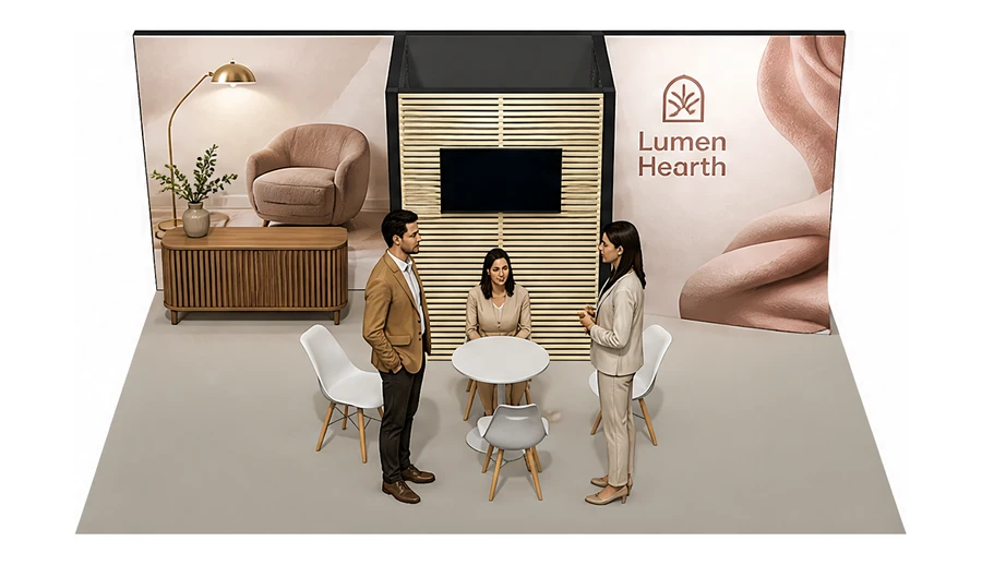 Stoisko 6 × 4 m półwyspowe dla branży meble designerskie, przykładowa marka Lumen Hearth