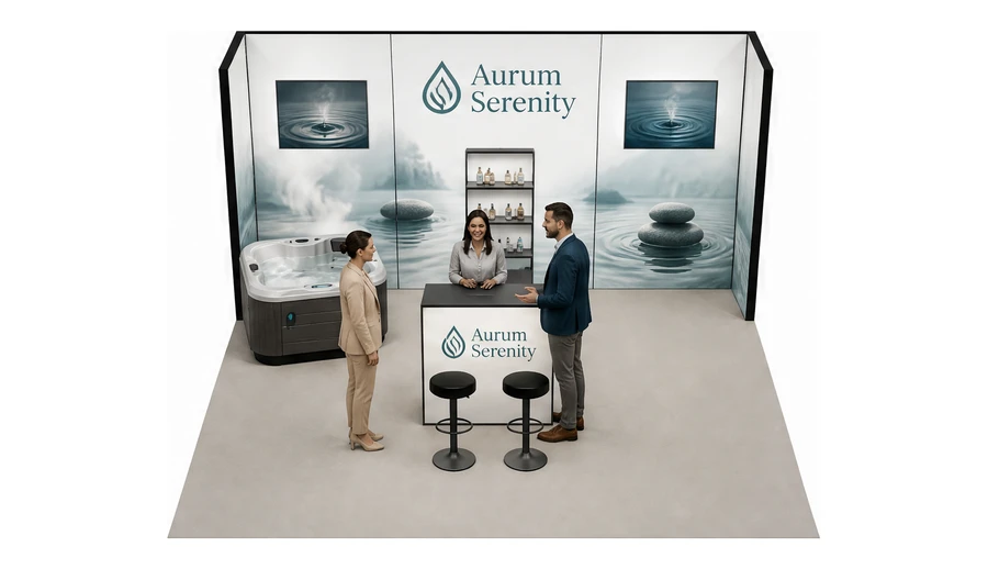 Stoisko 6 × 5 m półwyspowe dla branży spa i wellness, przykładowa marka Aurum Serenity