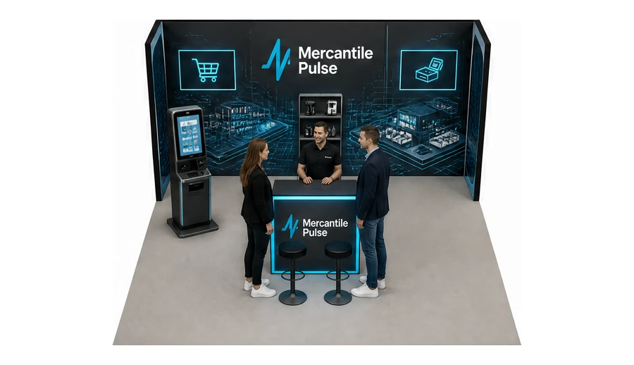 Stoisko 6 × 5 m półwyspowe dla branży technologie dla handlu, przykładowa marka Mercantile Pulse