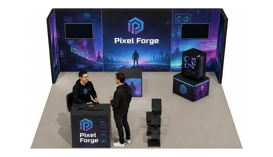 Stoisko 6 × 5 m półwyspowe dla branży gry wideo, przykładowa marka Pixel Forge