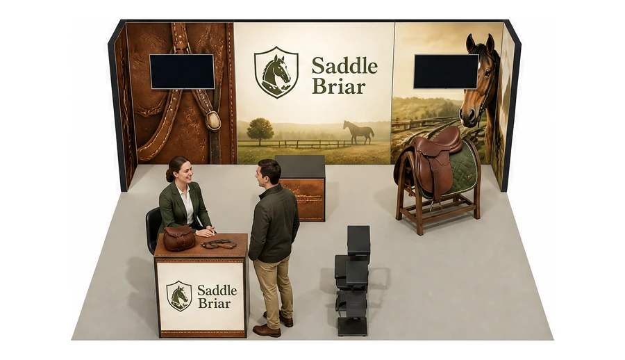 Stoisko 6 × 5 m półwyspowe dla branży jeździectwo, przykładowa marka Saddle Briar