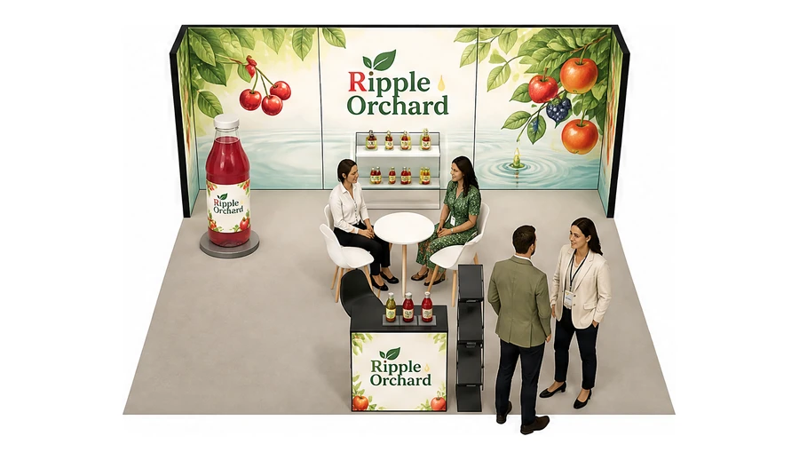 Stoisko 6 × 5 m półwyspowe dla branży napoje, przykładowa marka Ripple Orchard