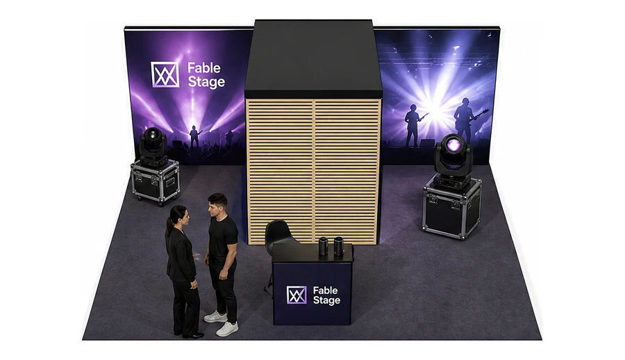 Stoisko 6 × 5 m półwyspowe dla branży branża eventowa, przykładowa marka Fable Stage