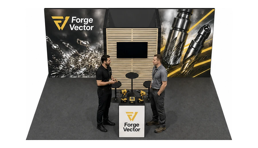 Stoisko 6 × 5 m półwyspowe dla branży elektronarzędzia, przykładowa marka Forge Vector