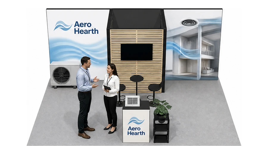 Stoisko 6 × 5 m półwyspowe dla branży wentylacja i klimatyzacja, przykładowa marka Aero Hearth