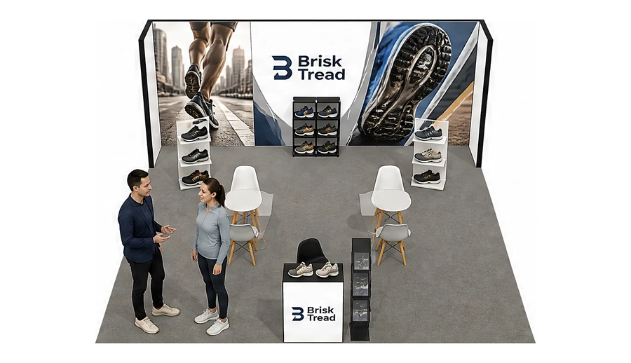 Stoisko 6 × 6 m półwyspowe dla branży obuwie, przykładowa marka Brisk Tread
