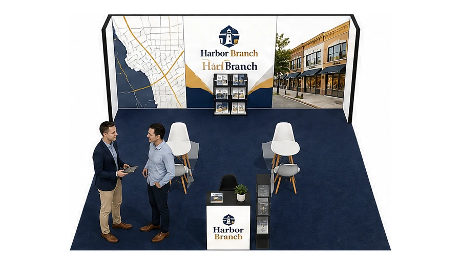 Stoisko 6 × 6 m półwyspowe dla branży franczyza i sieci, przykładowa marka Harbor Branch