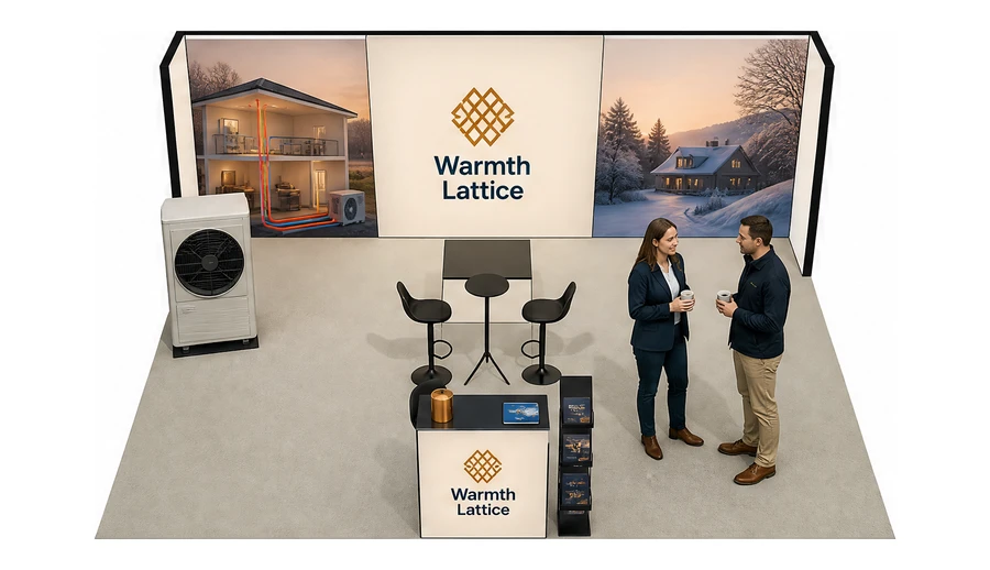 Stoisko 6 × 6 m półwyspowe dla branży pompy ciepła i ogrzewanie, przykładowa marka Warmth Lattice