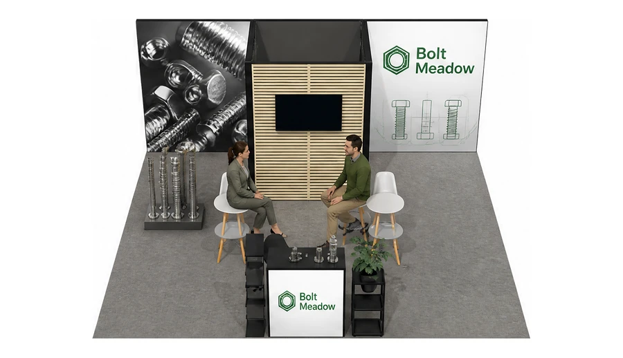 Stoisko 6 × 6 m półwyspowe dla branży elementy złączne, przykładowa marka Bolt Meadow
