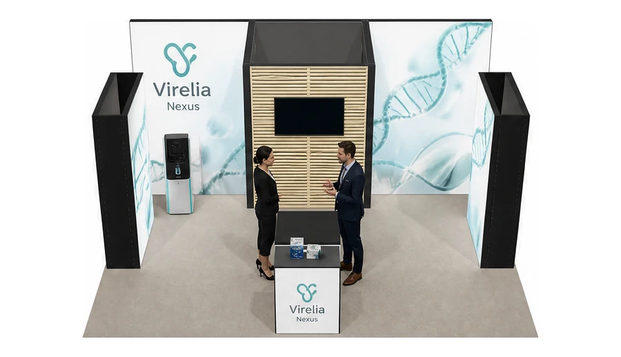 Stoisko 6 × 6 m półwyspowe dla branży farmacja i biotechnologia, przykładowa marka Virelia Nexus