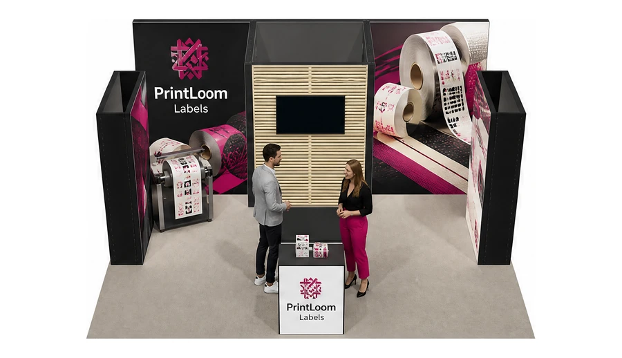 Stoisko 6 × 6 m półwyspowe dla branży etykiety i poligrafia, przykładowa marka PrintLoom Labels