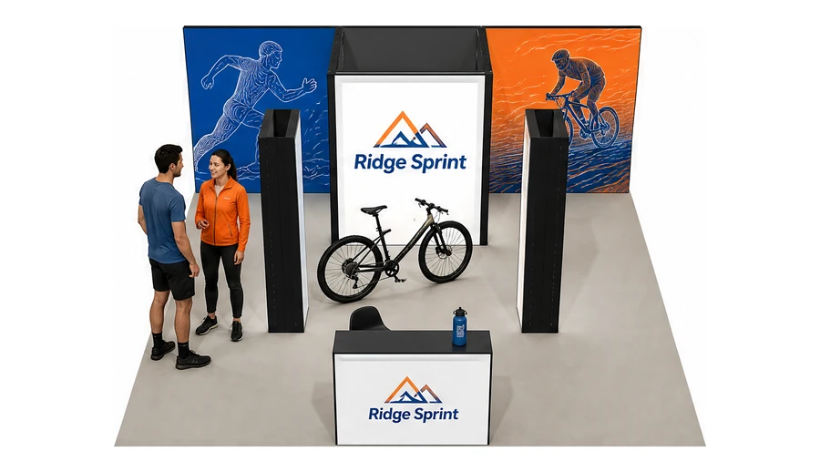 Stoisko 6 × 6 m półwyspowe dla branży sprzęt sportowy, przykładowa marka Ridge Sprint