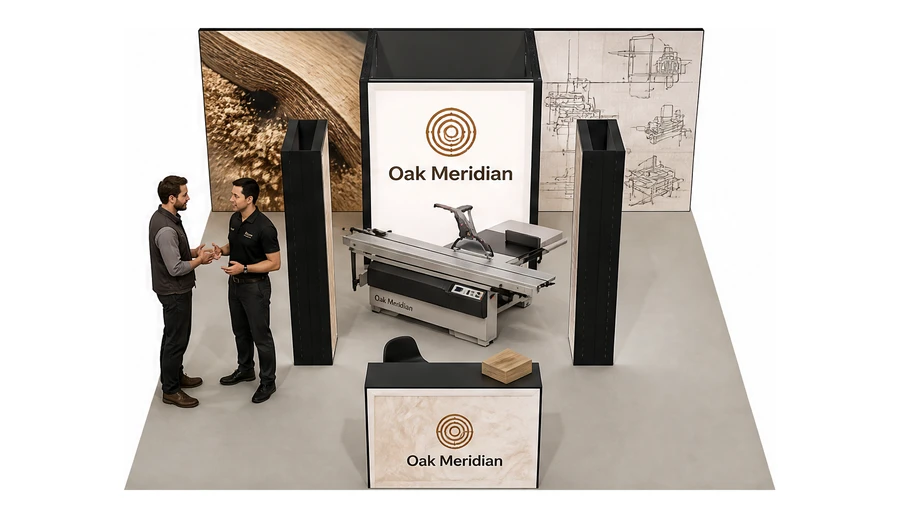 Stoisko 6 × 6 m półwyspowe dla branży maszyny do obróbki drewna, przykładowa marka Oak Meridian